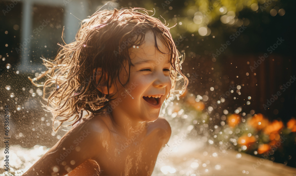 happy kid having fun with water, splash water