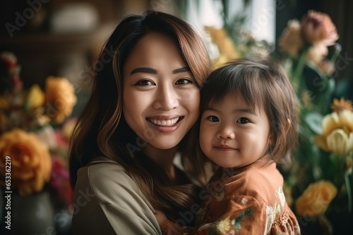 Thai mother holding her daughter while smiling.
