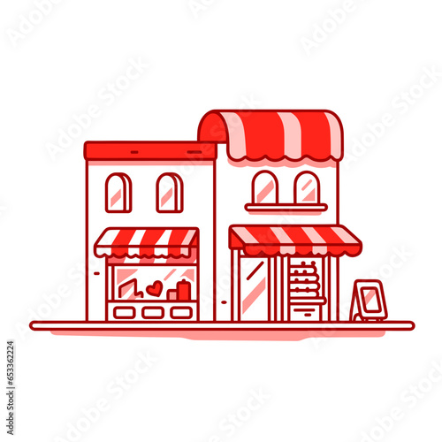 Bookstore vector icon in minimalistic, black and red line work, japan web