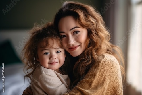 Mother and daughter hugging while smiling.