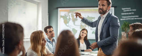 Male teacher is teaching his students in a classroom  photo