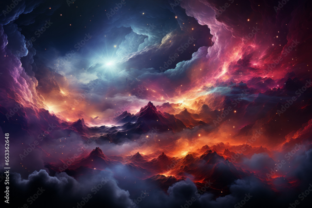 Beautiful space background. Abstract clouds, star dust, lights, mountains of an unknown planet. - obrazy, fototapety, plakaty 