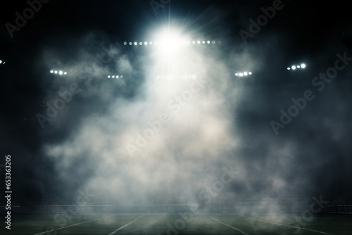 Background of a sports arena illuminated by spotlights and lights, smoke and fog.