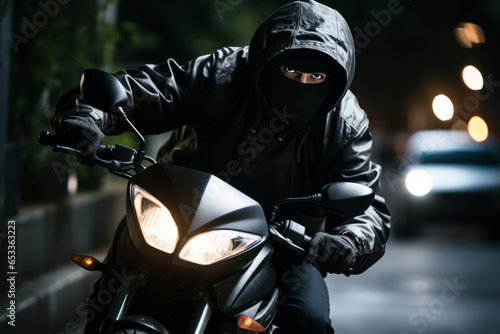 Robber in a mask and a hood on a motorcycle in the city at night.