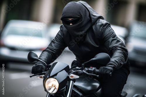 thief in a hood and mask on a motorcycle rides against the background of cars in the city.