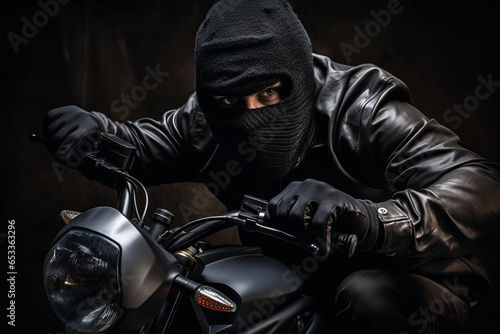Thief on a motorcycle in a mask and hood