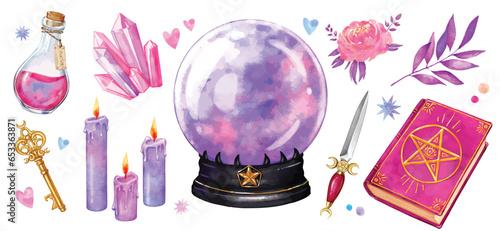 Set of witchcraft items. Collection of mystical witchy magic elements, crystal ball, dagger, potion, candles, celestial crystal. Watercolor Vector illustration of mythical esoteric elements.