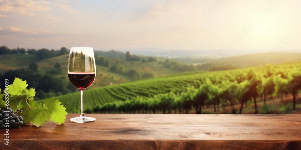 Wineglasses with fresh grapes on empty wooden table on blurred vineyard background, rural scene landscape with copy space, extra wide.