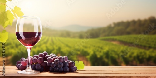 Wineglasses with fresh grapes on empty wooden table on blurred vineyard background, rural scene landscape with copy space, extra wide.