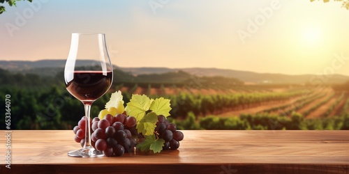 Wineglasses with fresh grapes on empty wooden table on blurred vineyard background  rural scene landscape with copy space  extra wide.