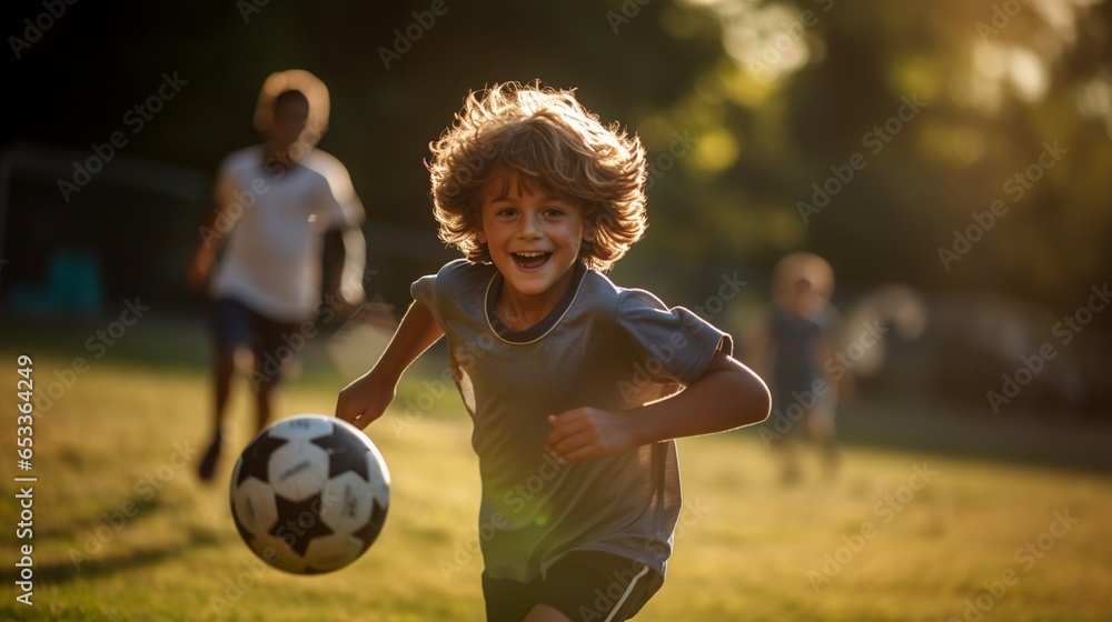 Kids playing soccer football in park, Children boys Sporty Team Play Games outside on sunset field. - obrazy, fototapety, plakaty 
