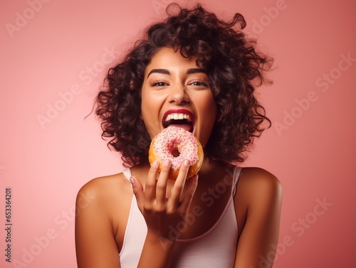 Funny woman is biting a doughnut isolated on pink, with copy space, concept of sugar control, losing weight and healthy lifestyle.