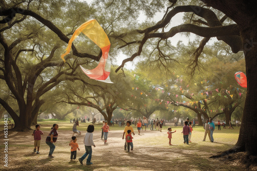 Within a bustling city park, children laughed as they flew kites under the watchful eyes of ancient oak trees, a timeless tableau of joy and nature's embrace.
