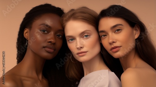 3 Beauty portrait, Multi ethnic group of women with different skin types isolated on nude background, studio shot, healthy and smooth skin, for cosmetic and woman power concept.