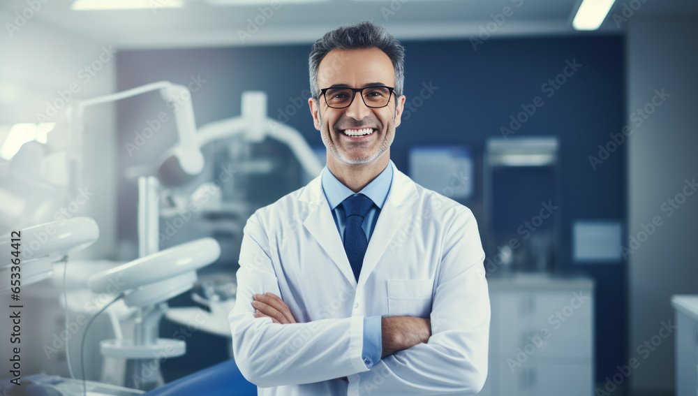 Middle aged medical doctor with arms crossed in clinic