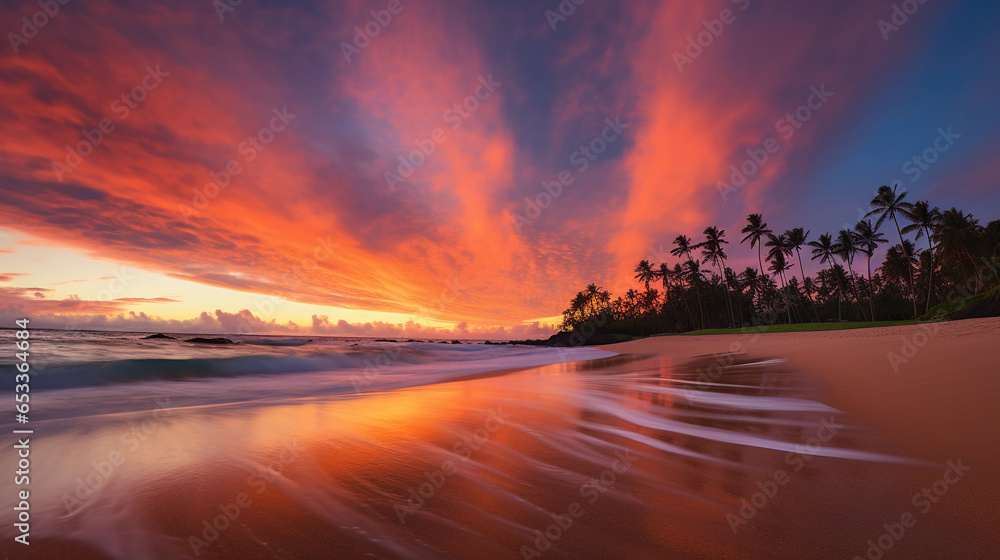 Golden hour beachscape, pristine white sand, translucent aqua blue waves crashing, sunset sky with hues of orange and pink, silhouette of palm trees