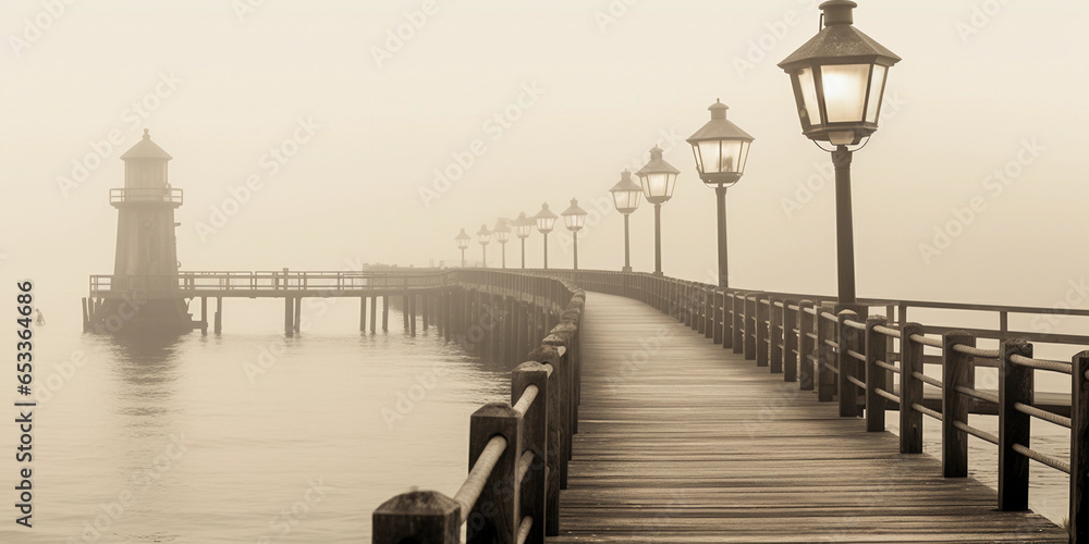 Historic wooden pier jutting into the ocean, old - fashioned lanterns, a couple strolling, vintage feel, mist rolling in, soft focus