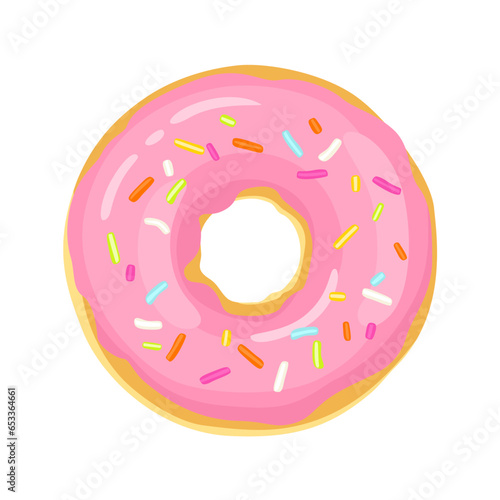 Donut with pink glaze and colorful sprinkles isolated on white background. Vector cartoon illustration.