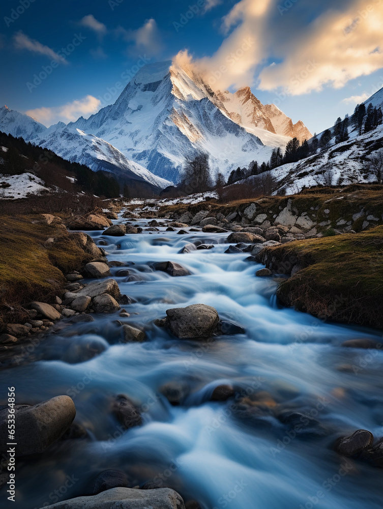 mountain stream in the foreground, snow - capped mountains in the background, milky water, soft clouds