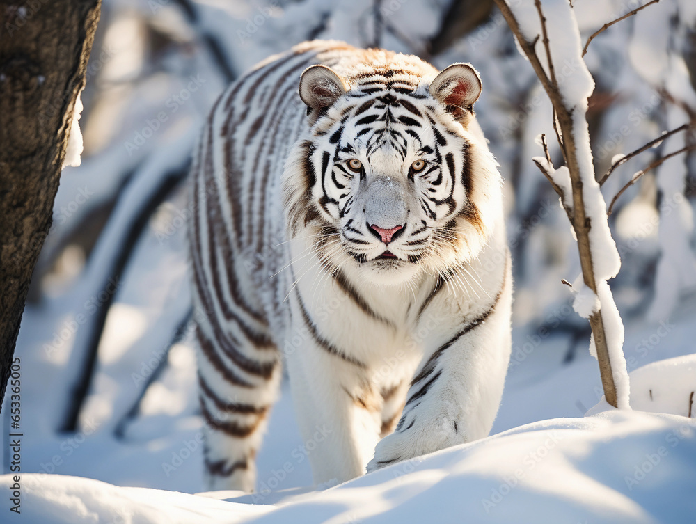 Majestic white tiger in the snowy Siberian forest, piercing blue eyes, backlit by the afternoon sun, high contrast