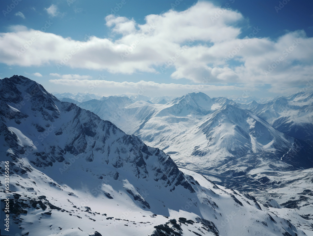 bird’s eye view, snow - capped mountain peaks, contrasting with dark, rocky valleys