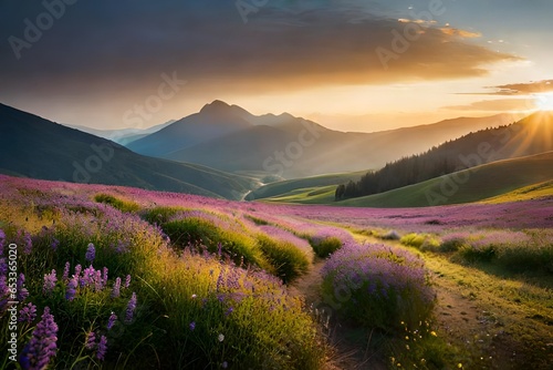 sunrise in the mountains and fields 