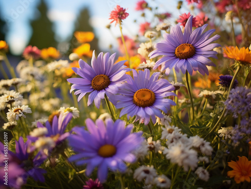 wildflowers  multiple species like daisies  sunflowers  and lavender  harmonious arrangement  soft ambient lighting  diffused sky