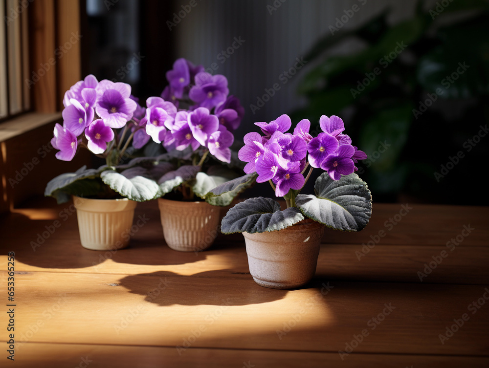 African Violets on a wooden table, vibrant purples and greens, medium soft light casting delicate shadows