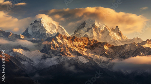 panorama  mountain range at sunrise  snow - capped peaks  golden morning light casting shadows  clouds gently touching the tops