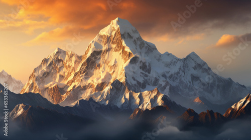 panorama, mountain range at sunrise, snow - capped peaks, golden morning light casting shadows, clouds gently touching the tops