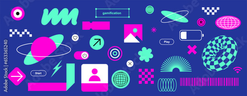 Y2k Trendy stickers retro futurism. Cyber sport. Set of Brutalist Geometric Shapes. technology Wireframe, Vaporwave elements, Retro vibes, Synthwave. Cyberpunk, Flat design. Checker board. space, 3D