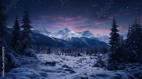 winter scene, mountain range, snow falling lightly, fir trees covered in snow in the foreground, twilight hour © Marco Attano