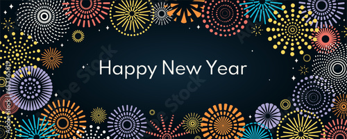 Colorful fireworks 2024 Happy New Year, bright frame on dark background, with text. Flat style vector illustration. Abstract geometric design. Concept for holiday greeting card, poster, banner, flyer