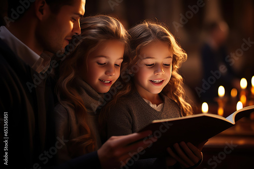 Festive Choir Family Singing Christmas Carols with Joy at Church Carol Service during Holidays. created with Generative AI