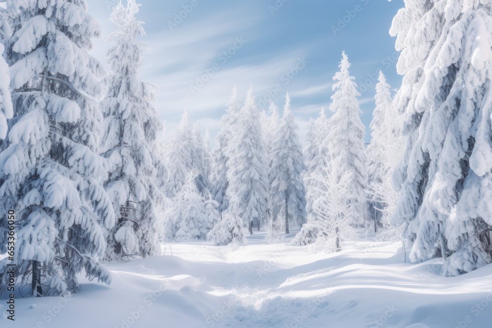 Obraz premium Winter Background with Snow, Frost, and Pine Trees: Perfect for White Christmas Decorations and Holiday Wallpaper, Generative AI