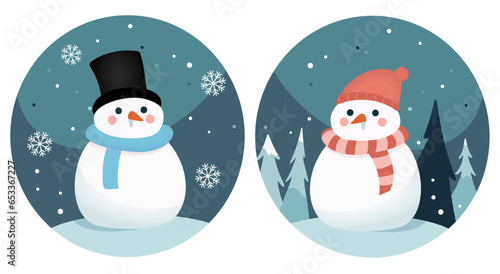 Weihnachts-Schneemänner, Vektor-Design mit niedlichen Schneemann, Schneefrau. Frohe Weihnachten  Schneemänner im Freien Schnee, Grußkarten, Sticker Design – Vektor Illustration