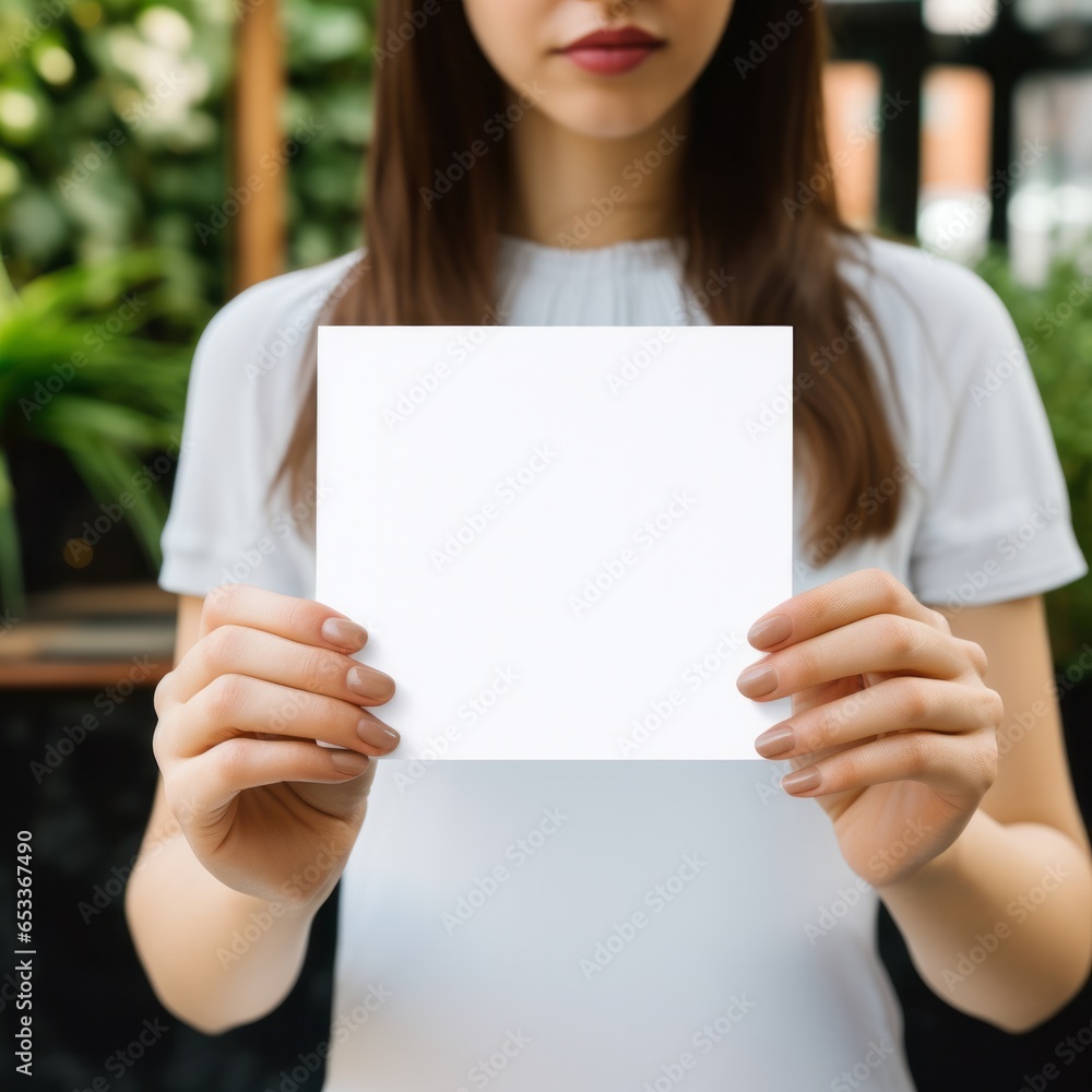 Woman holding a empty white greeting card mockup, closeup on the hands and card Woman holding a empty white greeting card mockup, closeup on the hands and card
