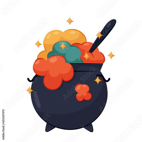 Witch's cauldron with potion in flat style on a white background. Cartoon witch's cauldron. Magic, potion, decor.