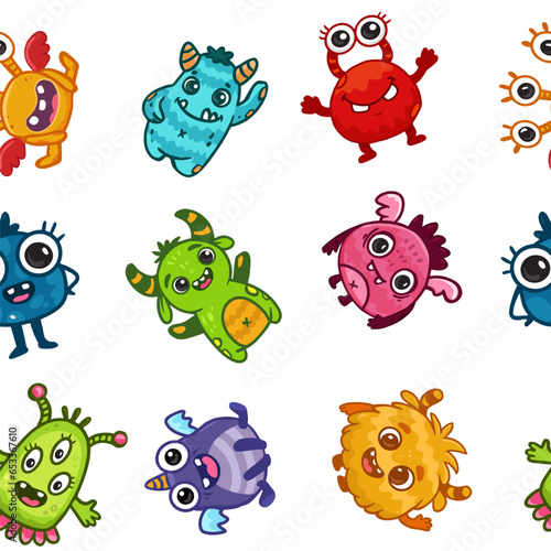 Children's seamless pattern with cute monsters for children's clothing, fabric, textile, children's decoration, wrapping paper. Vector background.