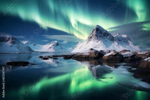 winter night view with sea aurora with frozen beach and snowy mountains sky reflection