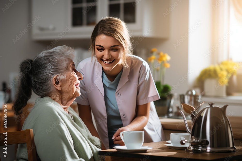 Friendly nurse supporting an elderly lady.happy atmosphere and conversation in the house. - obrazy, fototapety, plakaty 