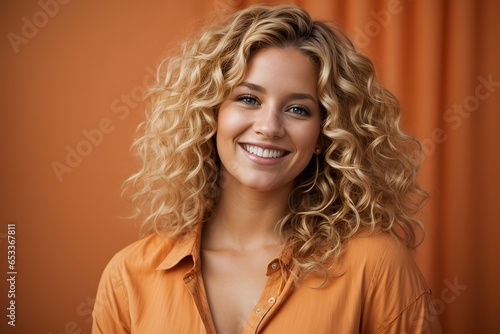 Attractive and Happy young Swedish woman with longcurly blonde hair on a solid light orange background. Generative ai.