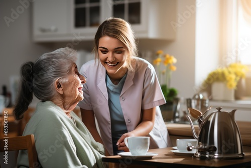 Friendly nurse supporting an elderly lady.happy atmosphere and conversation in the house.