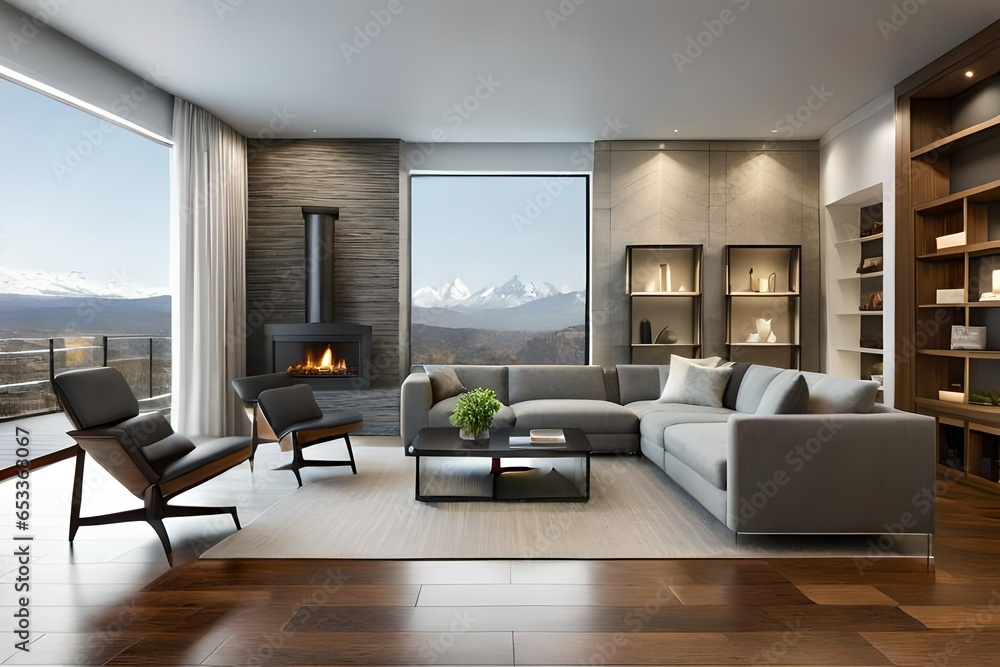 Fototapeta premium Living room interior in gray and brown colors features gray sofa atop dark hardwood floors facing stone fireplace with built-in shelves.