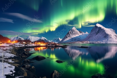 winter night view with sea aurora with frozen beach and snowy mountains sky reflection