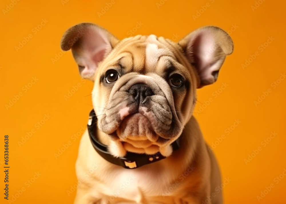 Sweet small english british bulldog pet with a curious puppy look in front of camera at on bright yellow studio background. Website banner concept. Advertising postcards, notebooks, calendar, club