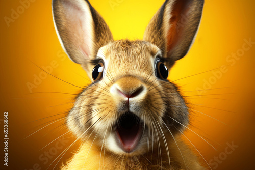 Portrait Banner for Website of surprised amazed shocked wow rabbit pet with a curious face with open mouth on yellow studio background. Website banner Easter concept. Advertising postcards, notebooks