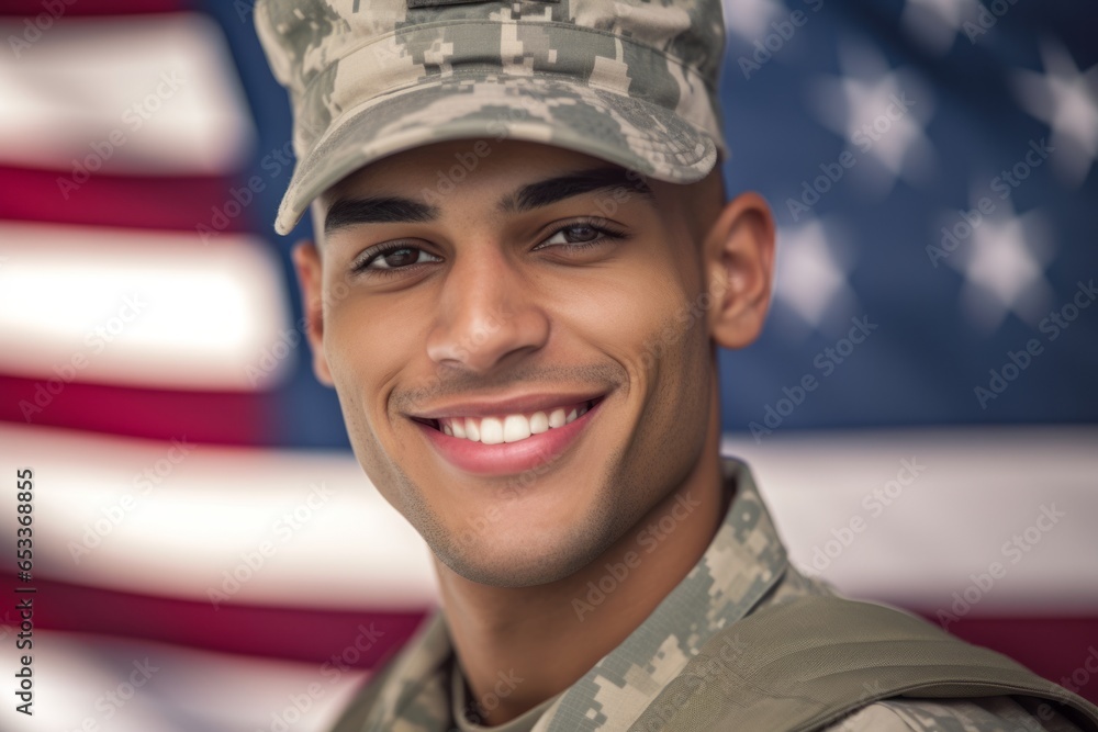 close up portrait of american soldier with flag background