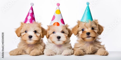 3 adorable puppies wearing colorful and shiny party hats isolated on white, Birthday party celebration concept, with copy space.