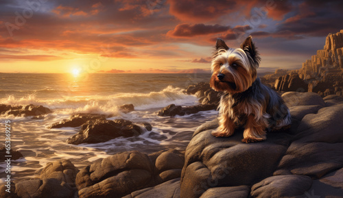 Tiny Yorkshire Terrier Embracing the Sea's Sunset Beauty